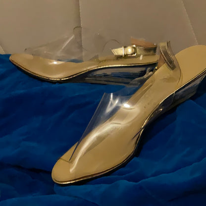 1970s Magdesian's Clear Vinyl Slingbacks | Vintage 70s Gold Peeptoe Kitten Wedges | Women's Shoes 7 M