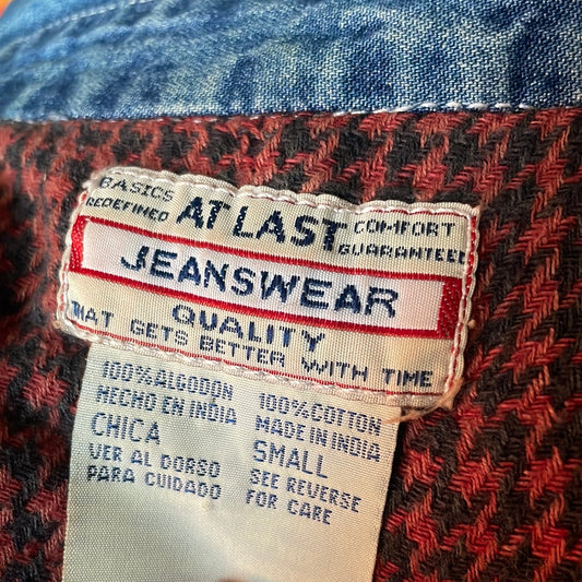 At Last Jeanswear Denim and Houndstooth Cotton Flannel Lined Pearl Snap Button Up Long Sleeve Shirt