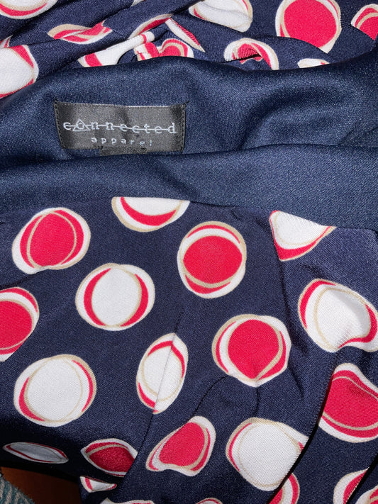 Office Siren Circa ‘99 Geometric Red Circles on Navy Cowl Neck Midi Wiggle Bodycon Dress Size 8 Petite/Medium