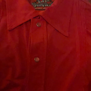 RARE Lip Service 1996 First Sample Red Pearl Button All Stretch Silky Dagger Collar 90’s Does 70’s Shirt