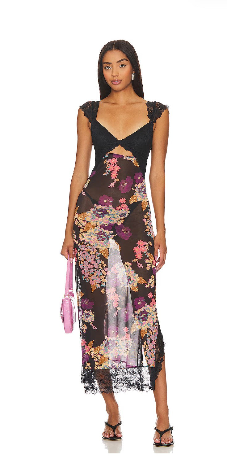 Free People Intimately Suddenly Fine Lace Cutout Floral Sheer Maxi Slip Dress
