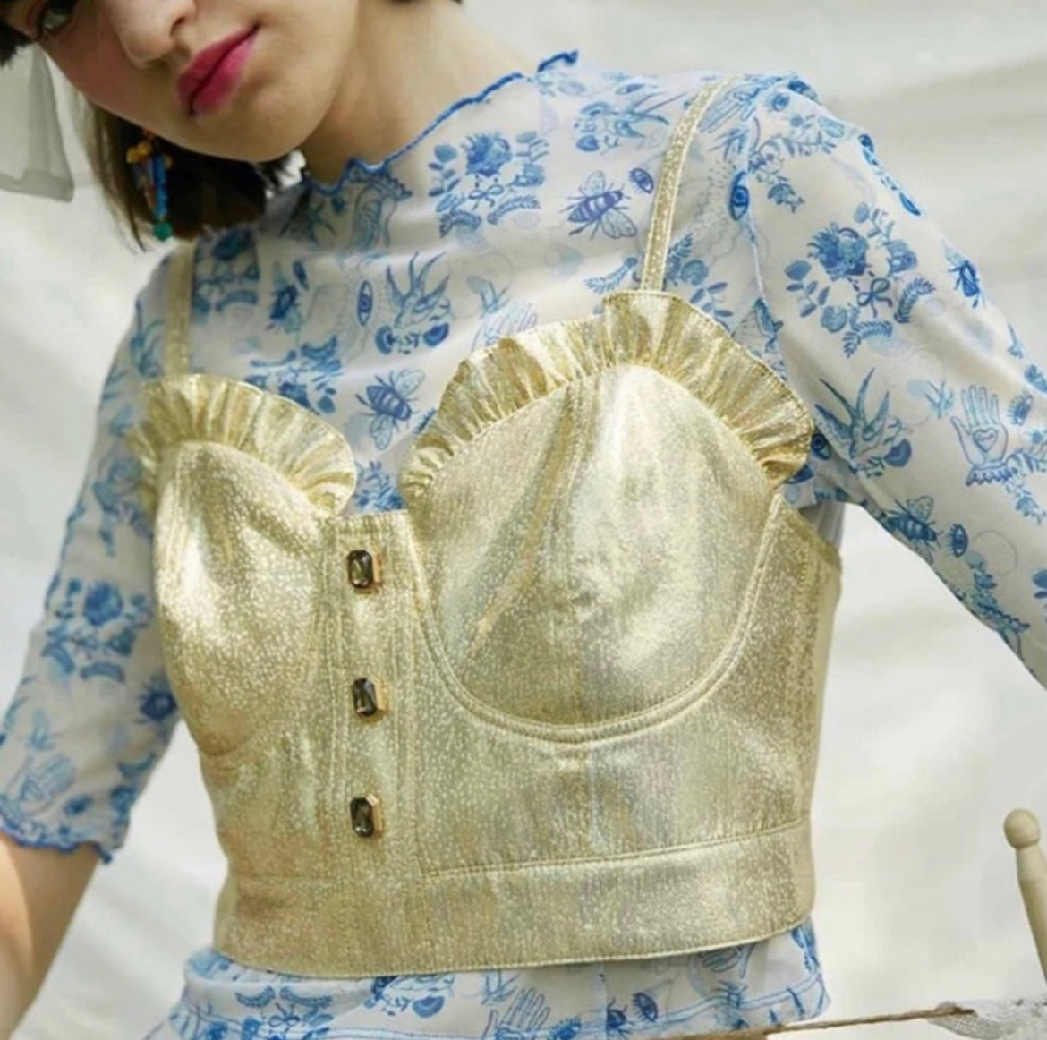 Unlogical Poem Gold Silk Ruffle Bustier Top 2020SS