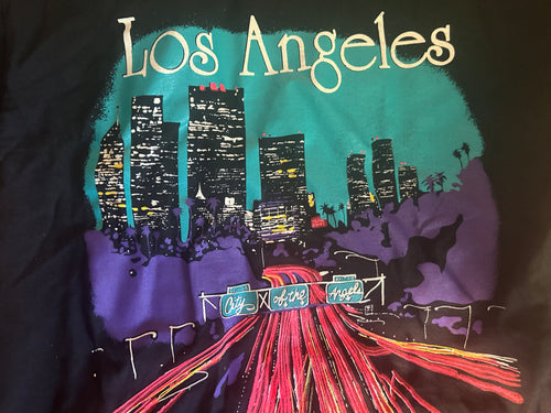 Los Angeles Neon on Black Vintage Cityscape “City of the Angels” Vintage Tee Size Medium