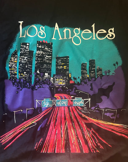 Los Angeles Neon on Black Vintage Cityscape “City of the Angels” Vintage Tee Size Medium