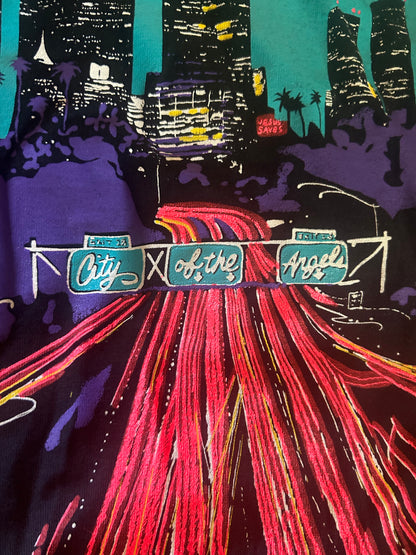 Los Angeles Neon on Black Vintage Cityscape “City of the Angels” Vintage Tee Size Medium