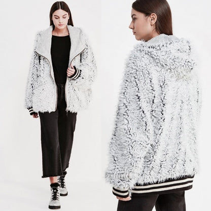 Free People We The Free Fluffy Dolman Jacket Faux Fur and Wool Varsity Hooded Oversized SZ XS/S Cozy
$90