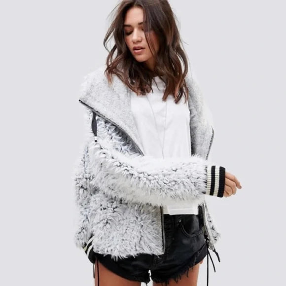 Free People We The Free Fluffy Dolman Jacket Faux Fur and Wool Varsity Hooded Oversized SZ XS/S Cozy
$90