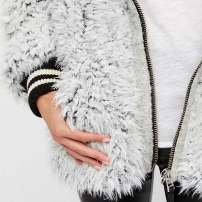 Free People We The Free Fluffy Dolman Jacket Faux Fur and Wool Varsity Hooded Oversized SZ XS/S Cozy
$90