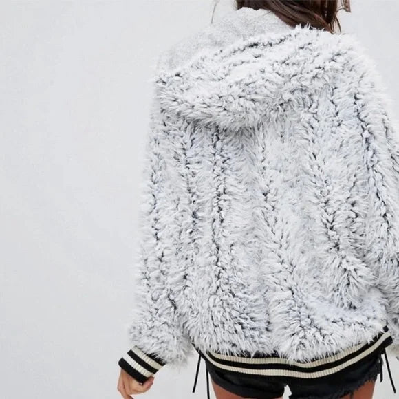 Free People We The Free Fluffy Dolman Jacket Faux Fur and Wool Varsity Hooded Oversized SZ XS/S Cozy
$90