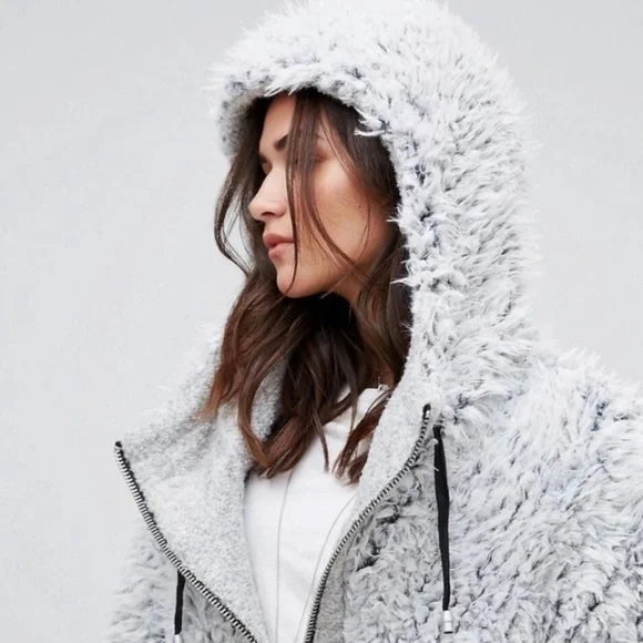 Free People We The Free Fluffy Dolman Jacket Faux Fur and Wool Varsity Hooded Oversized SZ XS/S Cozy
$90