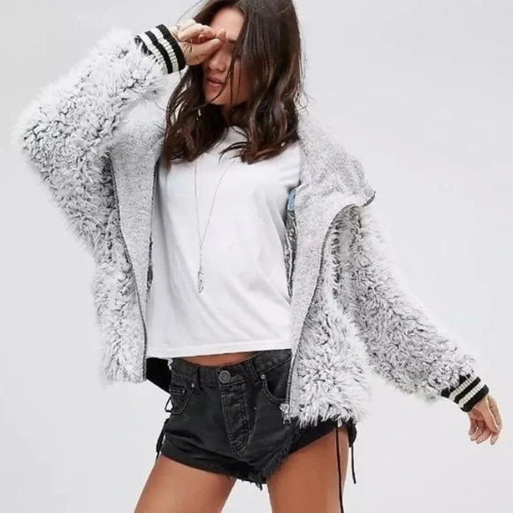Free People We The Free Fluffy Dolman Jacket Faux Fur and Wool Varsity Hooded Oversized SZ XS/S Cozy
$90