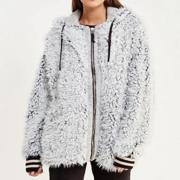 Free People We The Free Fluffy Dolman Jacket Faux Fur and Wool Varsity Hooded Oversized SZ XS/S Cozy
$90