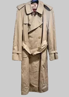 Vintage Chaps Ralph Lauren Trench Coat Tan Belted Wool Lined Double Breasted Plaid Lining 44R