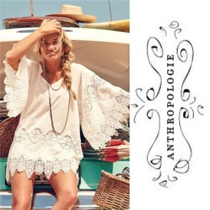 Eberjey White Embroidered Eyelet Bohemian Boho Tunic Dress Beach Coverup S/M