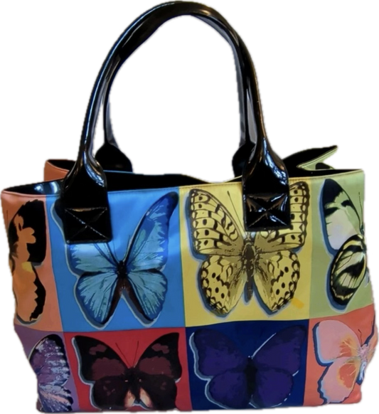 ABBI/ Butterfly Print satin Tote Bag with Black Patent Handles