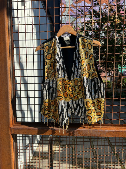 Sequin and Hand Beaded Animal Print Silk Vest