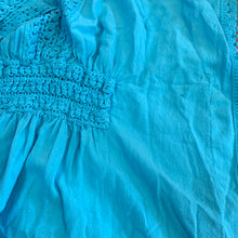 Load image into Gallery viewer, Pool Blue Cotton Crepe Butterfly Hippie Top or Mini Dress with Hand-Crochet Décolleté