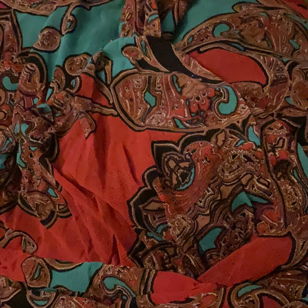 Mesh Paisley Empire Grecian Angel Dress 90’s Vintage Teals Browns Oranges