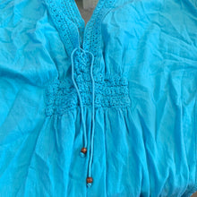 Load image into Gallery viewer, Pool Blue Cotton Crepe Butterfly Hippie Top or Mini Dress with Hand-Crochet Décolleté