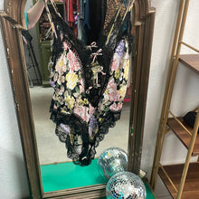 Load image into Gallery viewer, Gold Label Victoria Secret Floral with Black Lace Bow Front One Piece Negligee Size Large