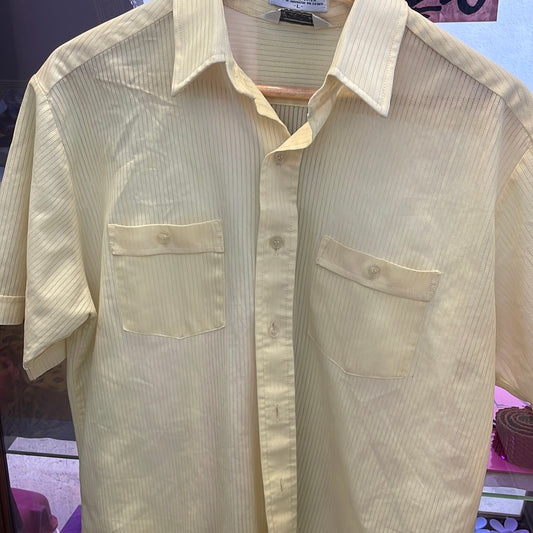 Vintage 1960 Idle Time Men's Sheer Pale Yellow Atomic Mod Shirt Dual Pockets L