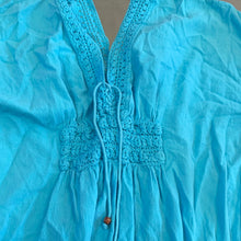 Load image into Gallery viewer, Pool Blue Cotton Crepe Butterfly Hippie Top or Mini Dress with Hand-Crochet Décolleté