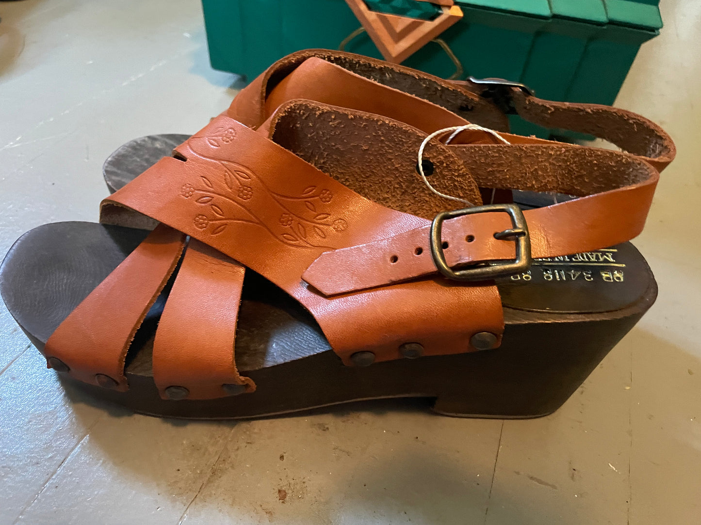 70’s Brown Hand Tooled Leather and Wood Sole Platforms Made In Brazil