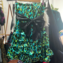 Load image into Gallery viewer, Strapless Teal and Neon Green Leopard Satin Ruched Skirt Attached Satin Sash Mini Dress