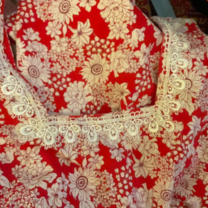 Handmade White Floral on Red Background COTTON XS Petite