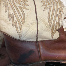 Load image into Gallery viewer, Justin Boots 7.5 B Brown and Cream Mid Calf Cowfolk Festival Boot