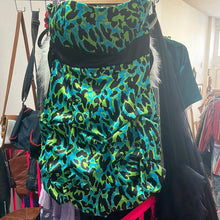 Load image into Gallery viewer, Strapless Teal and Neon Green Leopard Satin Ruched Skirt Attached Satin Sash Mini Dress