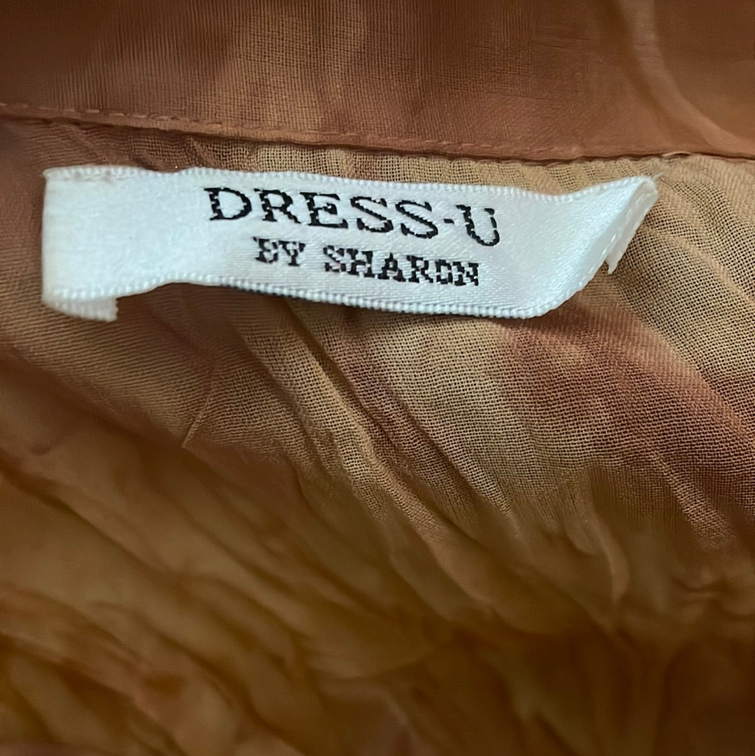 Dress U by Sharon 90’s Y2K Tie Die Browns Ruffle Crinkle Broomstick button up Blouse Ribbon Embroidered