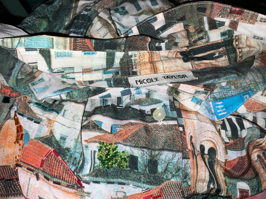 Nicole Taylor Beaded Silk Boats and Houses Scenic Button Up Shirt Size 1X