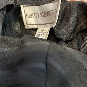 Plus Vintage Karin Stevens Size 16 Cap Sleeve All Black Brocade Pinstripe A-Line WednesdayAddams Dress