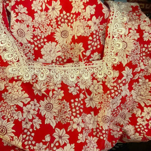 Handmade White Floral on Red Background COTTON XS Petite