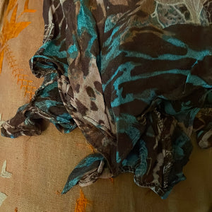 90’s Y2K Browns and Teals Animal and Floral Print Bias Cut Tattered Hem Seggsy Midi Dress