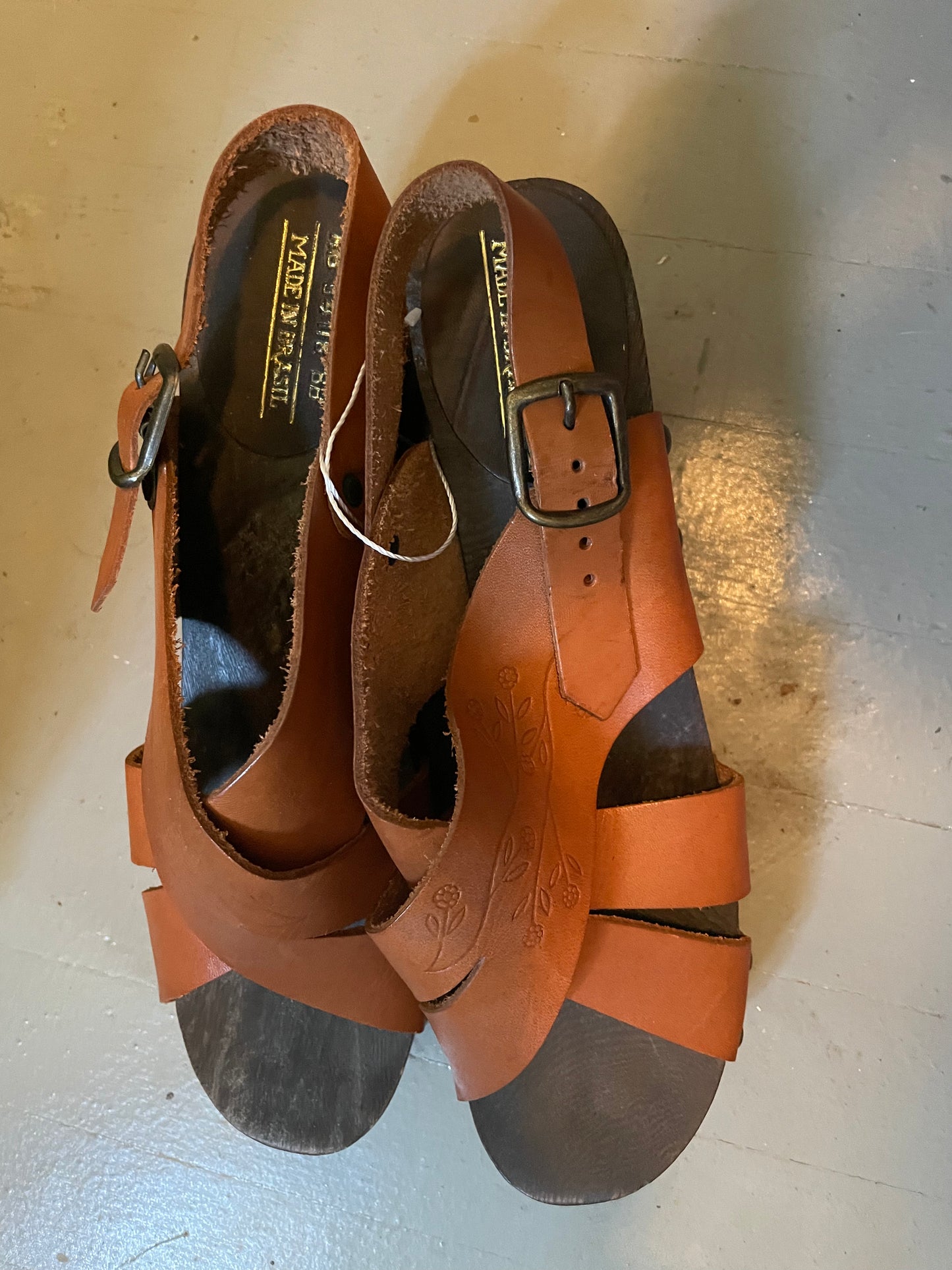 70’s Brown Hand Tooled Leather and Wood Sole Platforms Made In Brazil