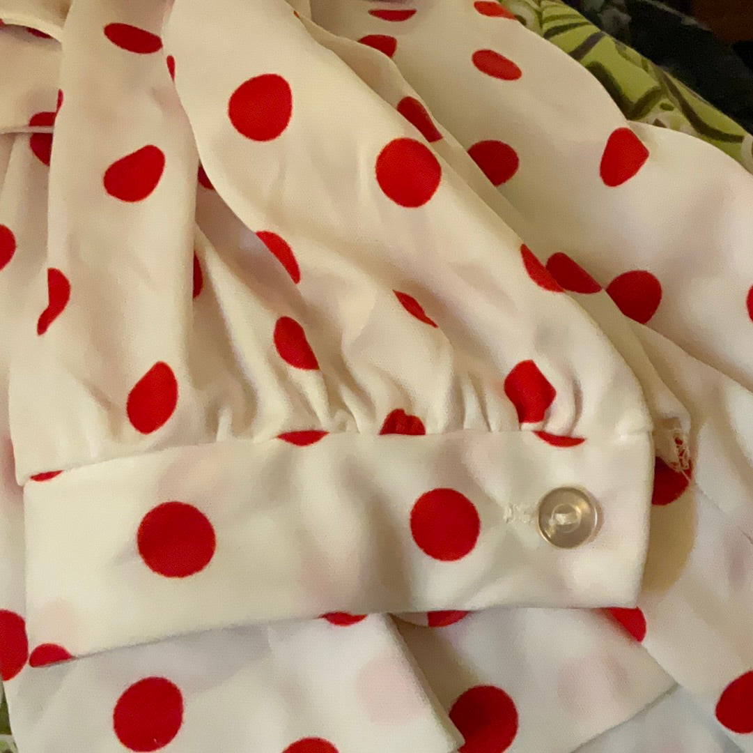 70’s White with Red Polka Dots PussyBow Secretary Button Up Blouse Size 22