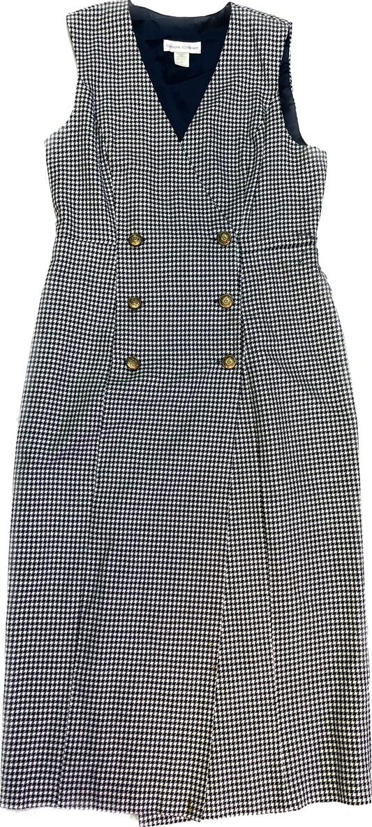 Navy and White Houndstooth Double Breasted Midi Vest Dress