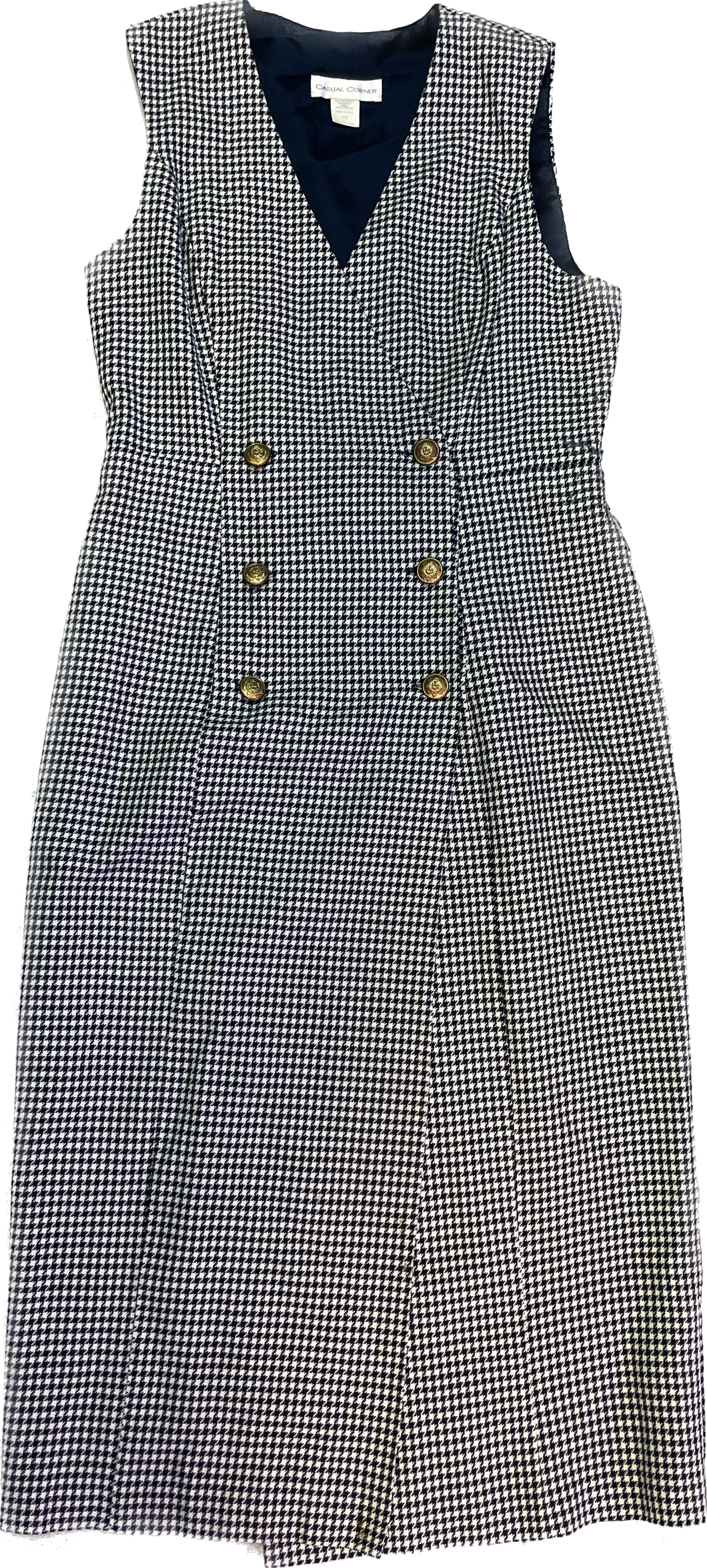 Navy and White Houndstooth Double Breasted Midi Vest Dress